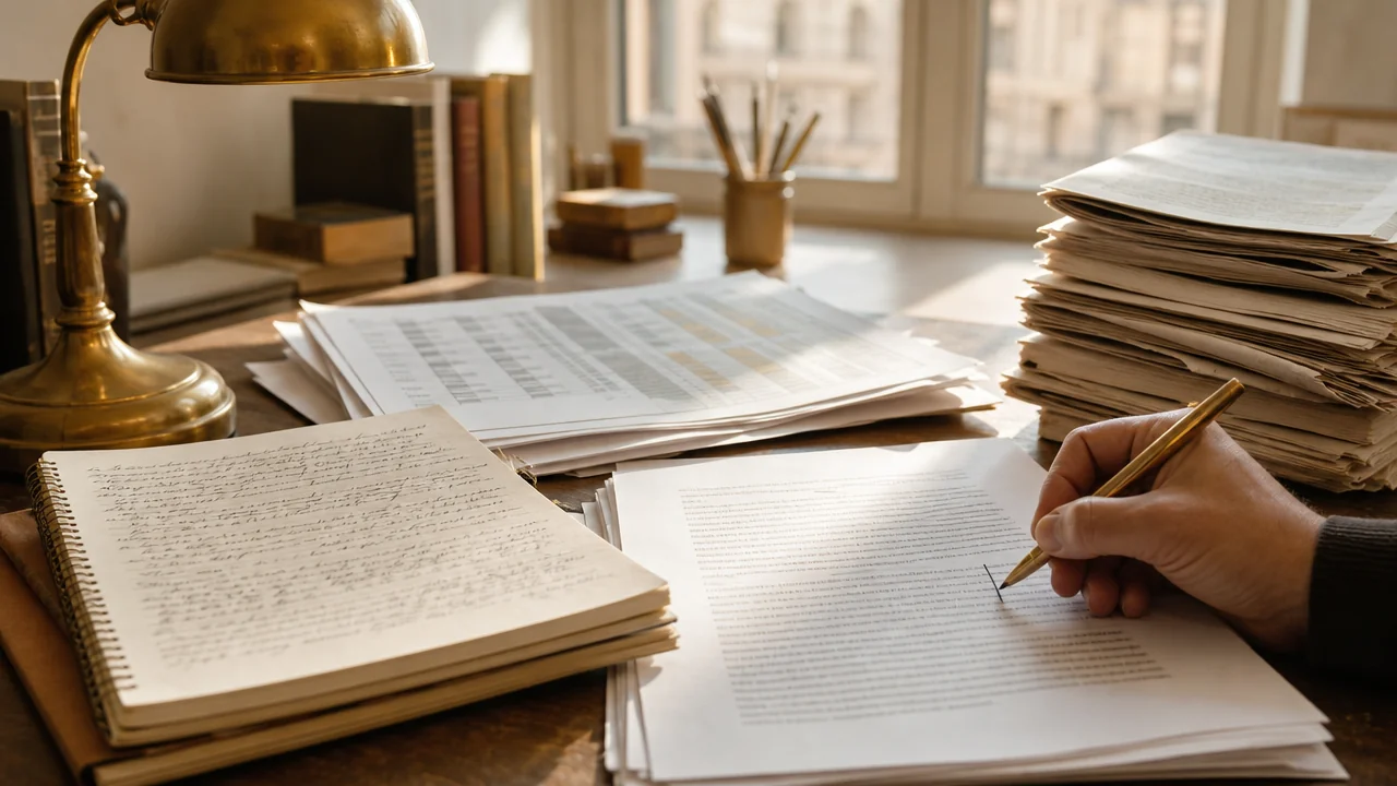 Pencere ışığında el yazısı araştırma notları, basılı veri tabloları ve bağımsız gazete yığını bulunan editör masası