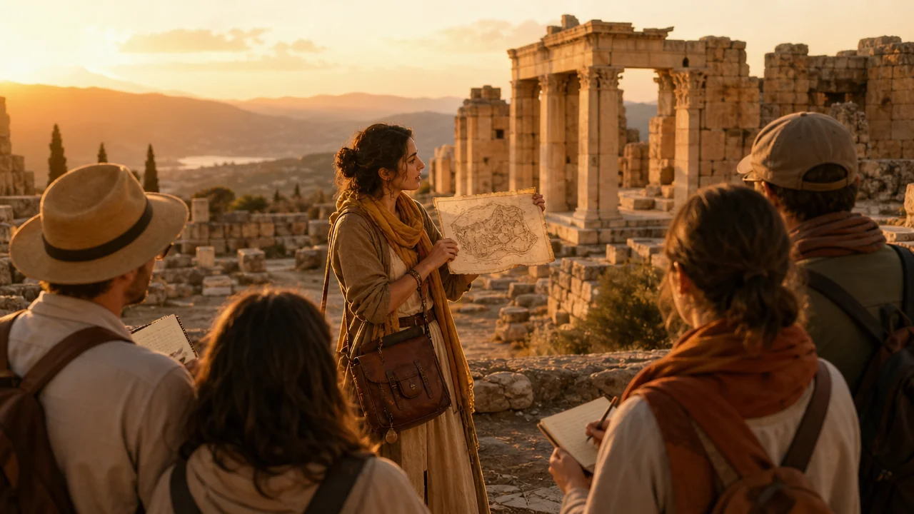 Antik harabe önünde duran rehber elinde harita tutuyor, etrafında turistler not alıyor